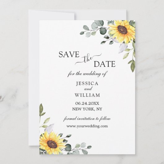 Elegant Eucalyptus Sonnenblumen FOTO Hochzeit Save The Date (Rückseite)