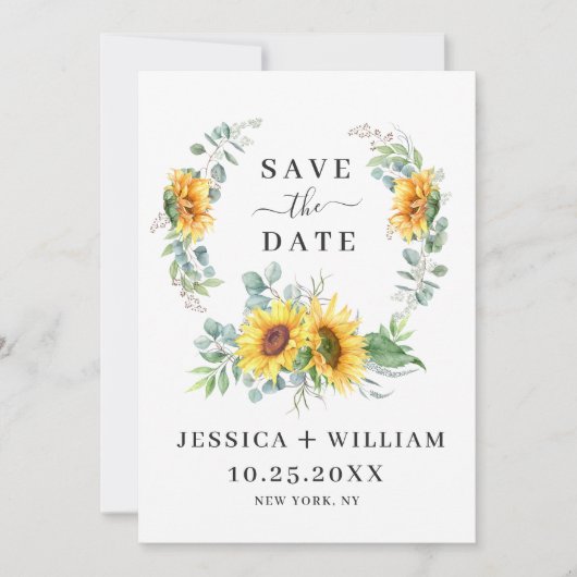 Elegant Eucalyptus Sonnenblumen Hochzeit Save The Date (Vorderseite)