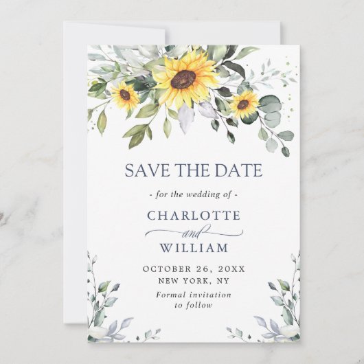 Elegant Eucalyptus Sonnenblumen Hochzeit Save The Date (Vorderseite)