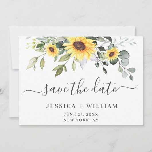 Elegant Eucalyptus Sonnenblumen Hochzeit Save The Date (Vorderseite)