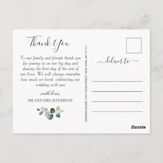 Elegant Eucalyptus Sunflowers Blumengrün Vielen Da Postkarte (Rückseite)