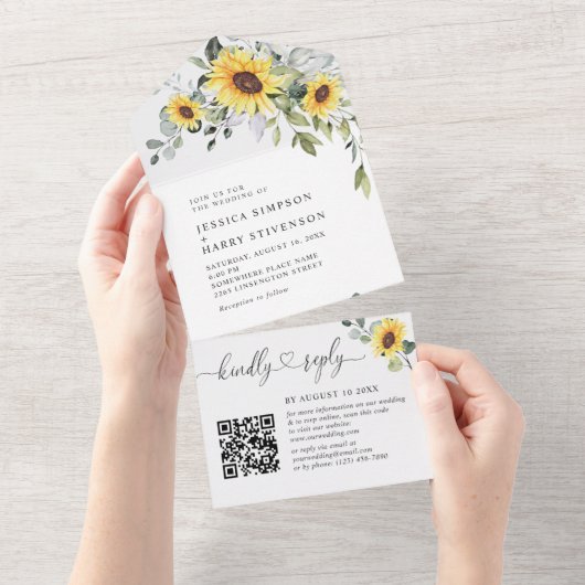 Elegant Eucalyptus Sunflowers Wedding QR Code All In One Einladung (Abreißen)