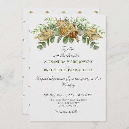 Elegant Eucalyptus und Seashell Wedding Einladung (Vorne/Hinten)