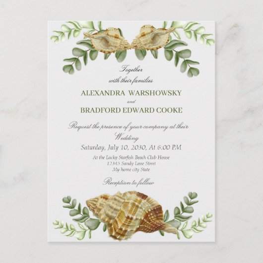Elegant Eucalyptus und Seashell Wedding Einladung Postkarte (Vorderseite)