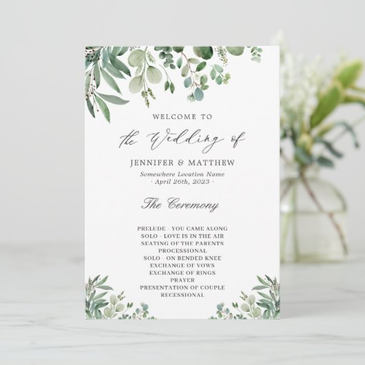 Elegant Eucalyptus Verlasse Grüne Hochzeit Programm (Stehend Vorderseite)