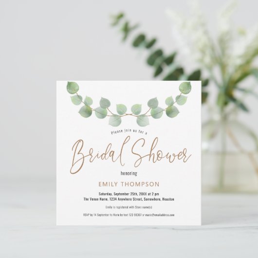 Elegant Eucalyptus Verlasse Skript-Brautparty Einladung (Stehend Vorderseite)