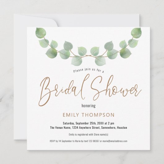 Elegant Eucalyptus Verlasse Skript-Brautparty Einladung (Vorderseite)