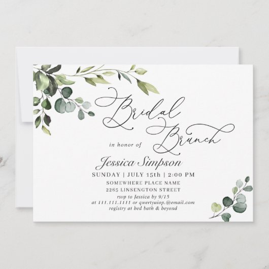 Elegant Eucalyptus Watercolor Bridal Brunch Einladung (Vorderseite)