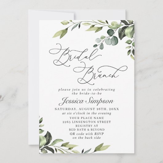 Elegant Eucalyptus Watercolor Bridal Brunch Einladung (Vorderseite)