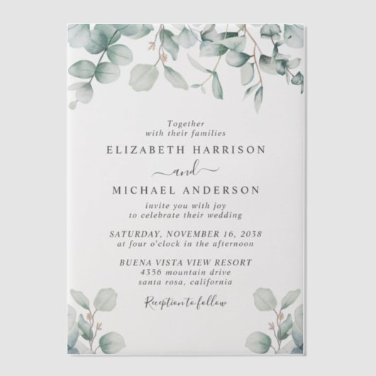 Elegant Eucalyptus Watercolor Wedding Pergament Einladungen (Vorderseite)