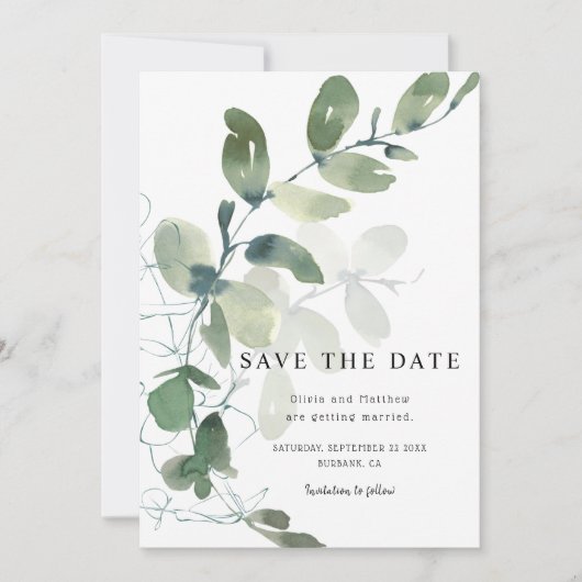 Elegant Eucalyptus Watercolor Wedding Save The Date (Vorderseite)