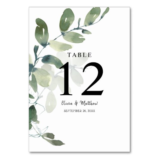 Elegant Eucalyptus Watercolor Wedding Tischnummer (Rückseite)