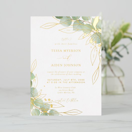 Elegant Eucalyptus Wedding Gold Folieneinladung (Stehend vorne)