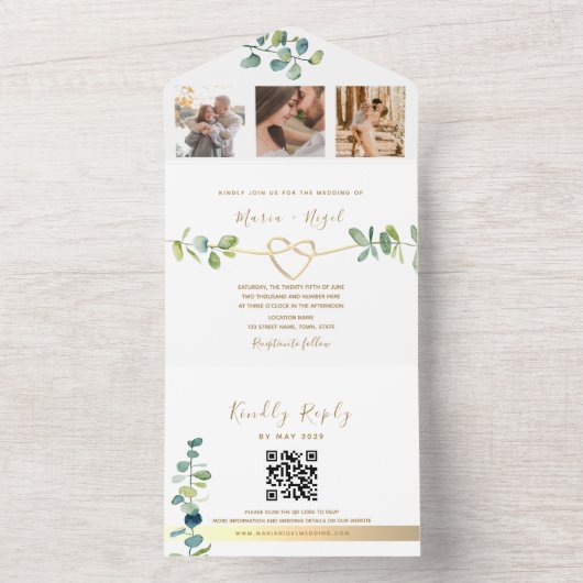 Elegant Eucalyptus Wedding QR Code All In One Einladung (Innen Boden)