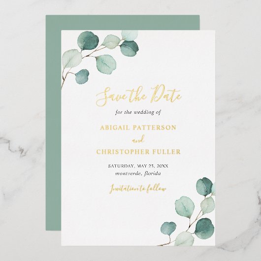 Elegant Eucalyptus Wedding Save the Date Folieneinladung (Vorderseite/Rückseite)