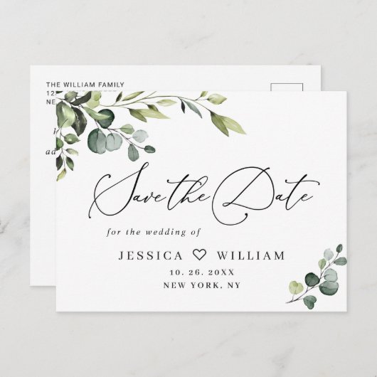 Elegant Eucalyptus Wedding Save the Date QR code Postkarte (Vorne/Hinten)