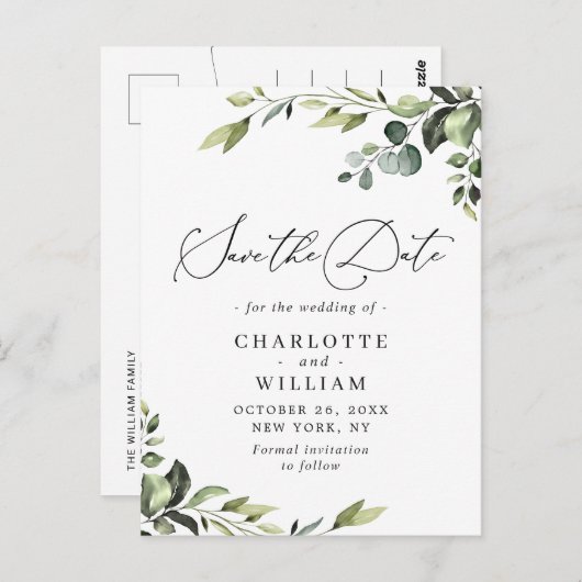 Elegant Eucalyptus Wedding Save the Date QR code Postkarte (Vorne/Hinten)