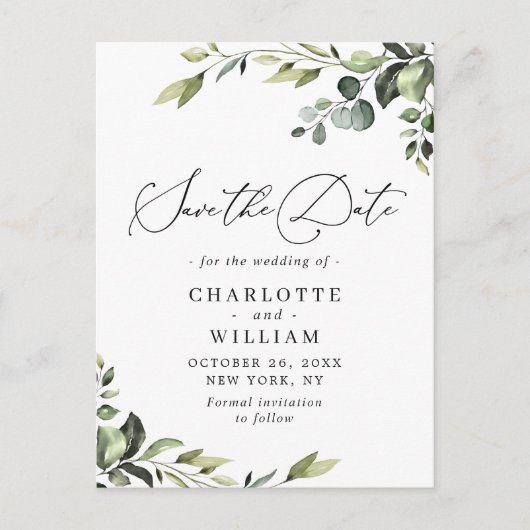 Elegant Eucalyptus Wedding Save the Date QR code Postkarte (Vorderseite)
