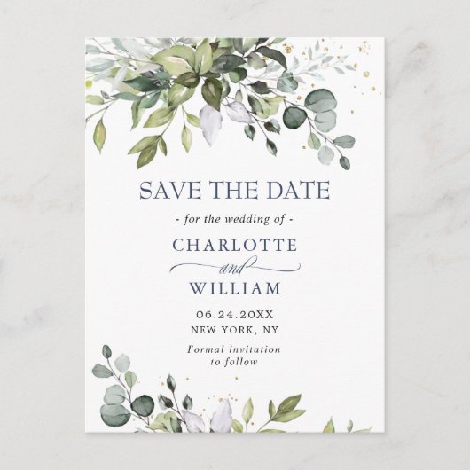 Elegant Eucalyptus Wedding Save the Date QR code Postkarte (Vorderseite)