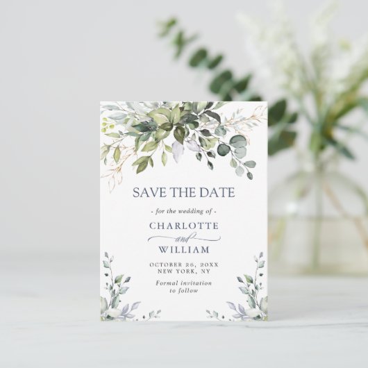 Elegant Eucalyptus Wedding Save the Date QR code Postkarte (Stehend Vorderseite)