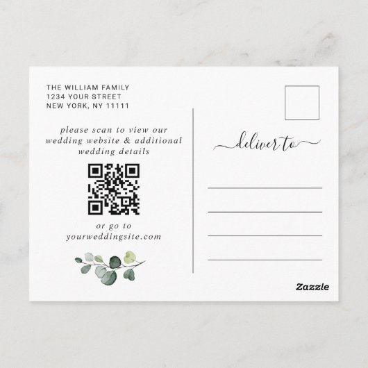 Elegant Eucalyptus Wedding Save the Date QR code Postkarte (Rückseite)