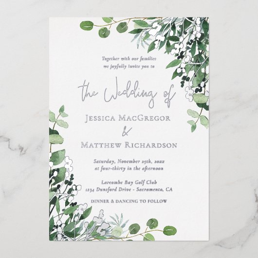 Elegant Eucalyptus Wedding Silver Folieneinladung (Vorderseite)