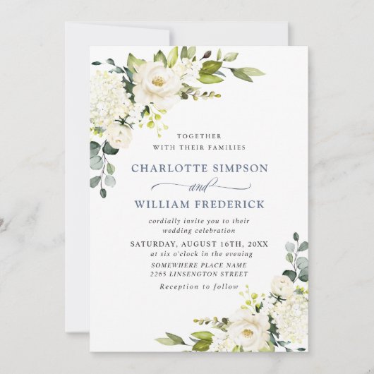 Elegant Eucalyptus White Roses Grüne Hochzeit Einladung (Vorderseite)