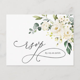 Elegant Eucalyptus White Roses Wedding RSVP Postkarte