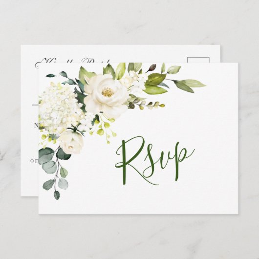 Elegant Eucalyptus White Roses Wedding RSVP Postkarte (Vorne/Hinten)