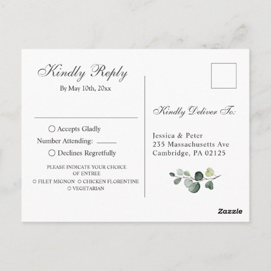 Elegant Eucalyptus White Roses Wedding RSVP Postkarte (Rückseite)