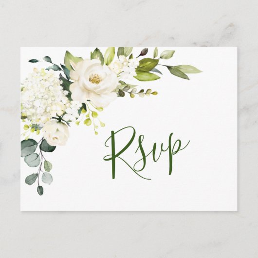 Elegant Eucalyptus White Roses Wedding RSVP Postkarte (Vorderseite)