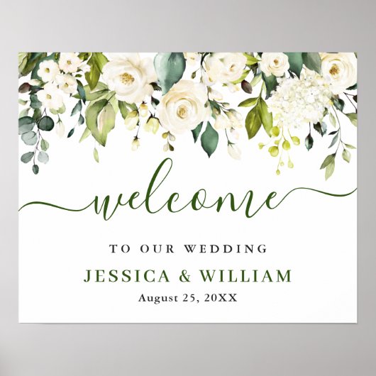 Elegant Eucalyptus White Roses Wedding Willkommen Poster (Vorne)