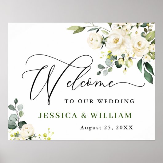 Elegant Eucalyptus White Roses Wedding Willkommen Poster (Vorne)