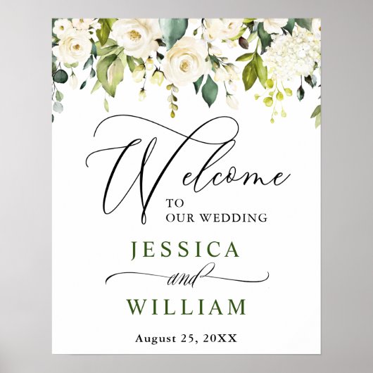 Elegant Eucalyptus White Roses Wedding Willkommen Poster (Vorne)