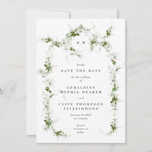 Elegant Eucalyptus Wreath Monogram Wedding Save The Date (Vorderseite)