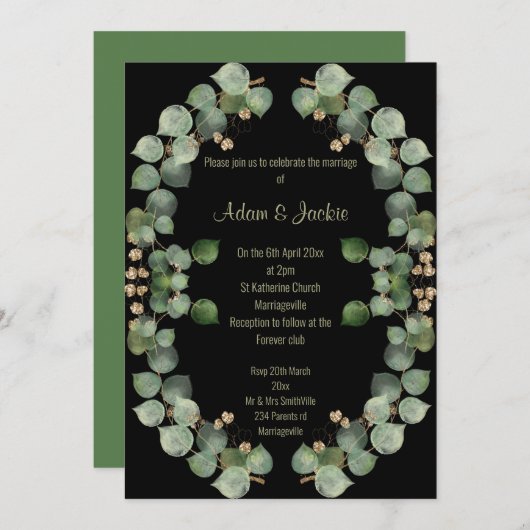 Elegant Eucalyptus Wreath Wedding Black Einladung (Vorne/Hinten)