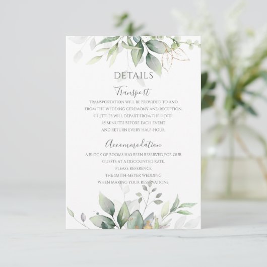 Elegant Eukalyptus Blätter Grüne Goldhochzeit Begleitkarte (Stehend Vorderseite)