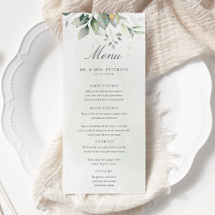 Elegant Eukalyptus Blätter Grüne Goldhochzeit Menükarte