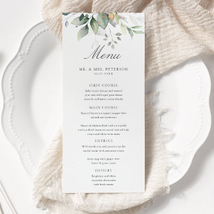 Elegant Eukalyptus Blätter Grüne Goldhochzeit Menükarte