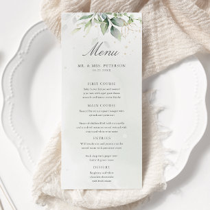 Elegant Eukalyptus Blätter Grüne Goldhochzeit Menükarte