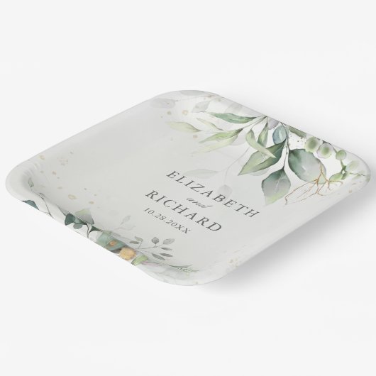 Elegant Eukalyptus Blätter Grüne Goldhochzeit Pappteller (Gewinkelt)