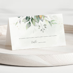 Elegant Eukalyptus Blätter Grüne Goldhochzeit Platzkarte