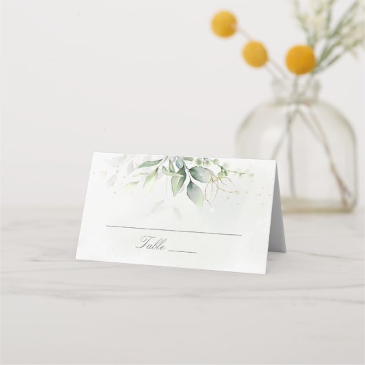 Elegant Eukalyptus Blätter Grüne Goldhochzeit Platzkarte (Vorderseite)
