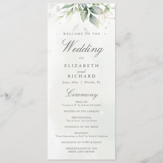 Elegant Eukalyptus Blätter Grüne Goldhochzeit Programm (Vorderseite)