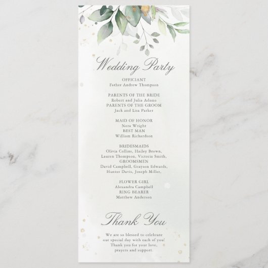 Elegant Eukalyptus Blätter Grüne Goldhochzeit Programm (Rückseite)