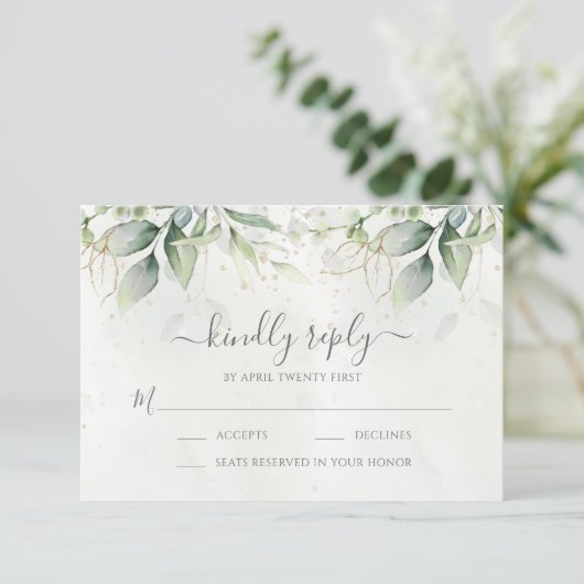 Elegant Eukalyptus Blätter Grüne Goldhochzeit RSVP Karte (Stehend Vorderseite)