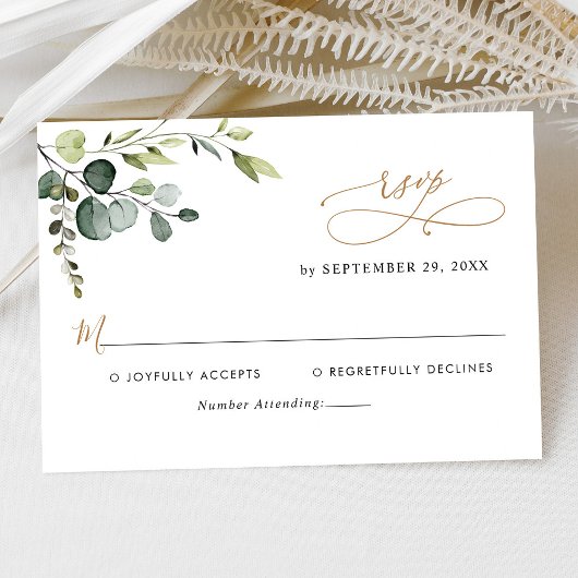 Elegant Eukalyptus Blätter Grüne Goldhochzeit RSVP Karte