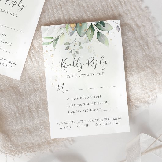 Elegant Eukalyptus Blätter Grüne Goldhochzeit RSVP Karte