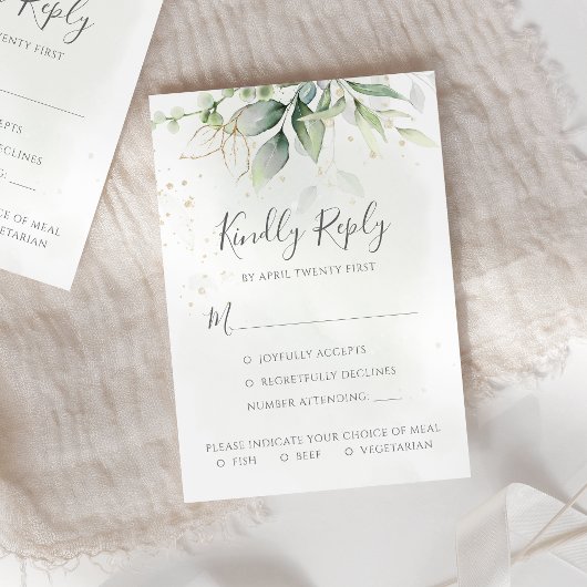Elegant Eukalyptus Blätter Grüne Goldhochzeit RSVP Karte