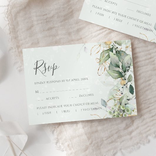Elegant Eukalyptus Blätter Grüne Goldhochzeit RSVP Karte